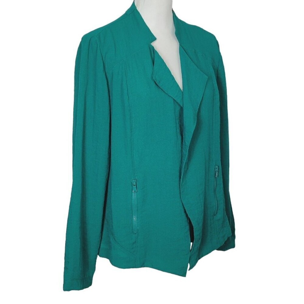 Chico's Moto Soft Textured Jacket Teal Blue Sz 1 Med Zippered Pockets Open Front
